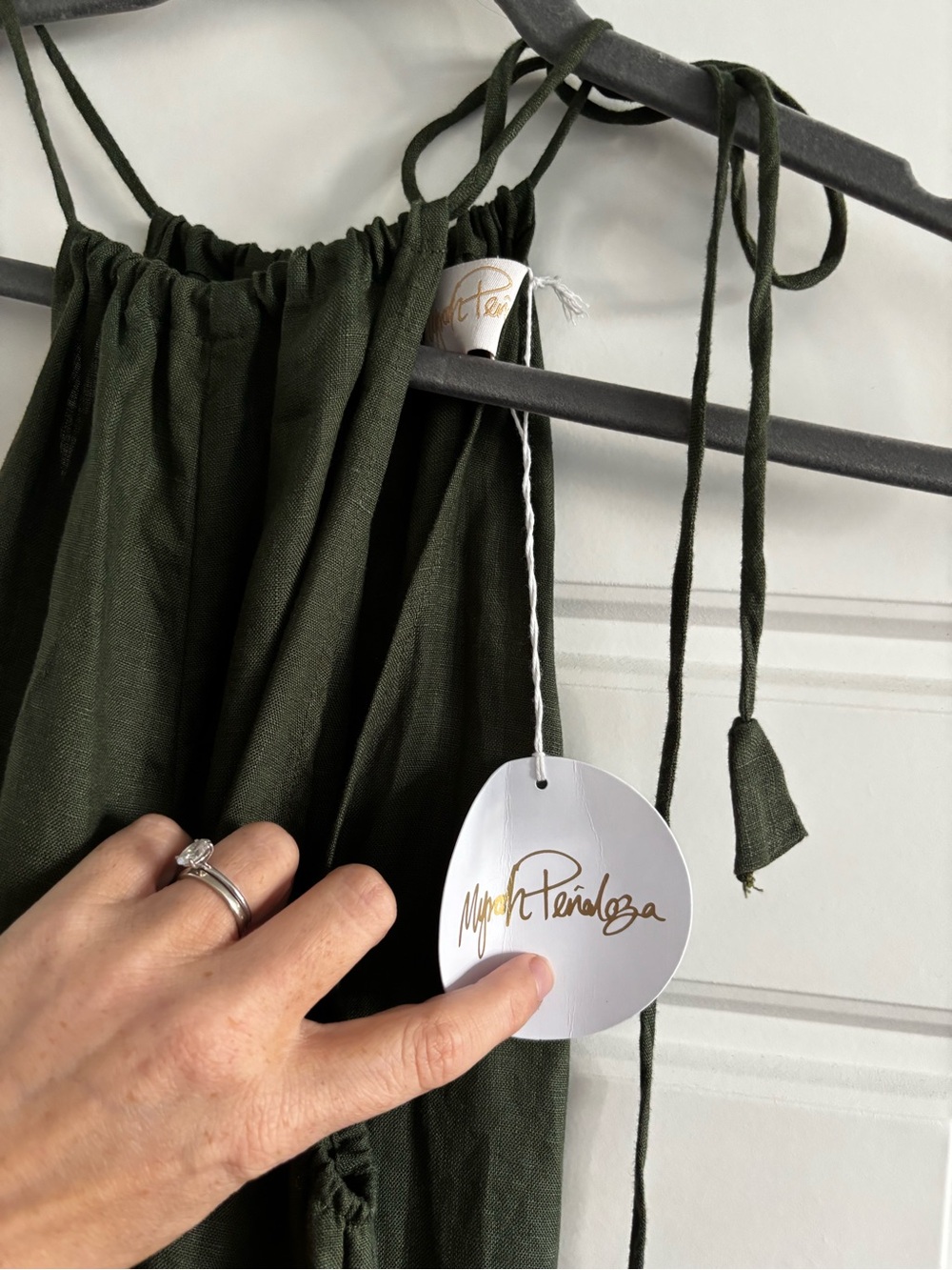 NWT Myrah Penaloza 100% French Linen wide leg jumpsuit forest green size S M - Picture 3 of 6